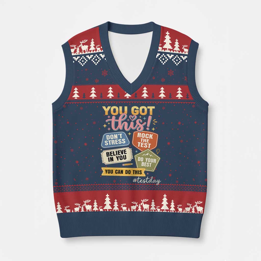 Retro Test Day Motivation You Got This V-Neck Knit Sweater Vest Rock The Test Believe In You Inspirational Teacher TS02 Navy Red Print Your Wear