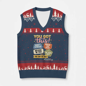 Retro Test Day Motivation You Got This V-Neck Knit Sweater Vest Rock The Test Believe In You Inspirational Teacher TS02 Navy Red Print Your Wear