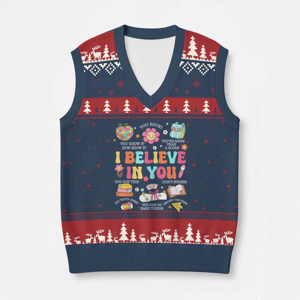Groovy I Believe In You Testing Motivation V-Neck Knit Sweater Vest More Than A Score for Teacher Student TS02 Navy Red Print Your Wear