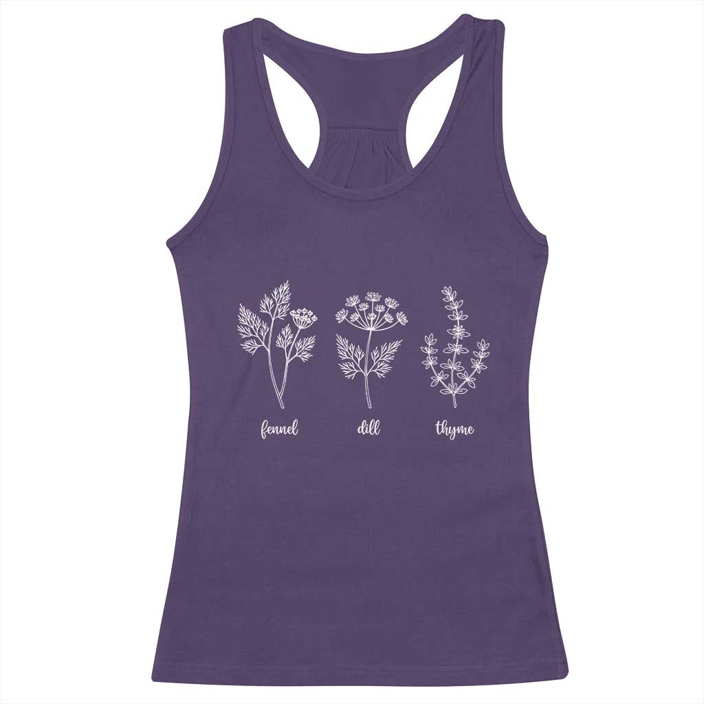 Fennel Dill Thyme Subtle FDT Racerback Tank Top Botanical Herb Line Art Political Satire TS02 Purple Print Your Wear