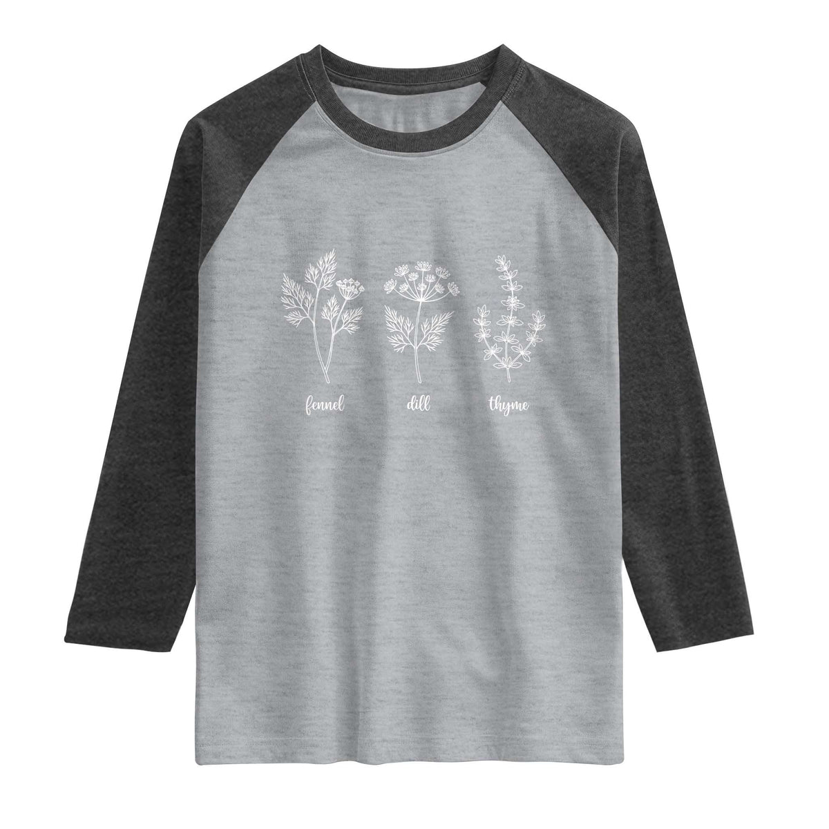 Fennel Dill Thyme Subtle FDT Raglan Shirt Botanical Herb Line Art Political Satire TS02 Heather Gray Heather Charcoal Print Your Wear
