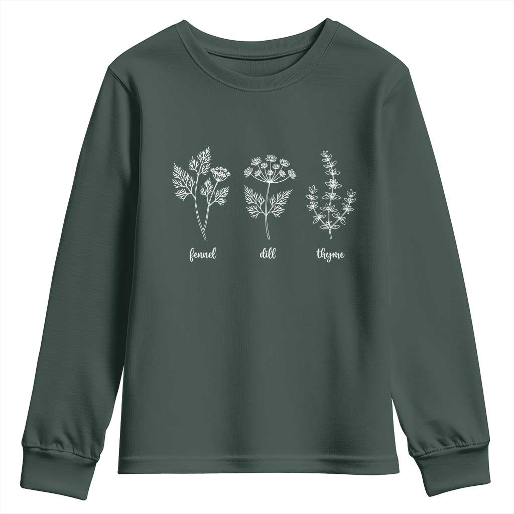 Fennel Dill Thyme Subtle FDT Youth Sweatshirt Botanical Herb Line Art Political Satire TS02 Dark Forest Green Print Your Wear