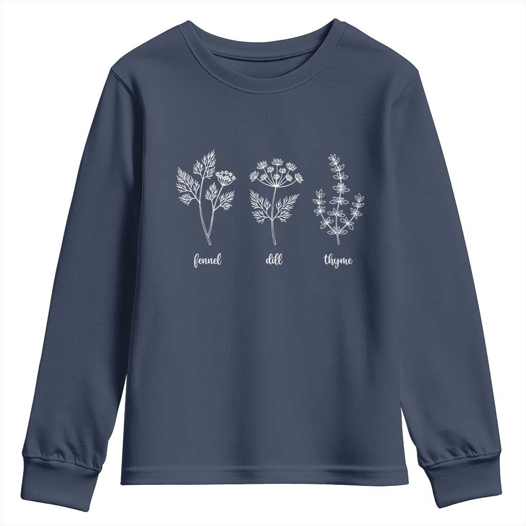 Fennel Dill Thyme Subtle FDT Youth Sweatshirt Botanical Herb Line Art Political Satire TS02 Navy Print Your Wear