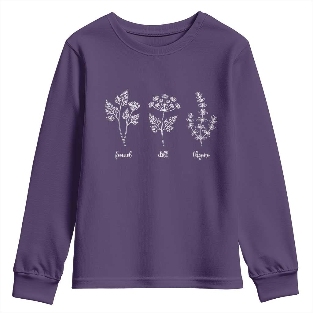 Fennel Dill Thyme Subtle FDT Youth Sweatshirt Botanical Herb Line Art Political Satire TS02 Purple Print Your Wear