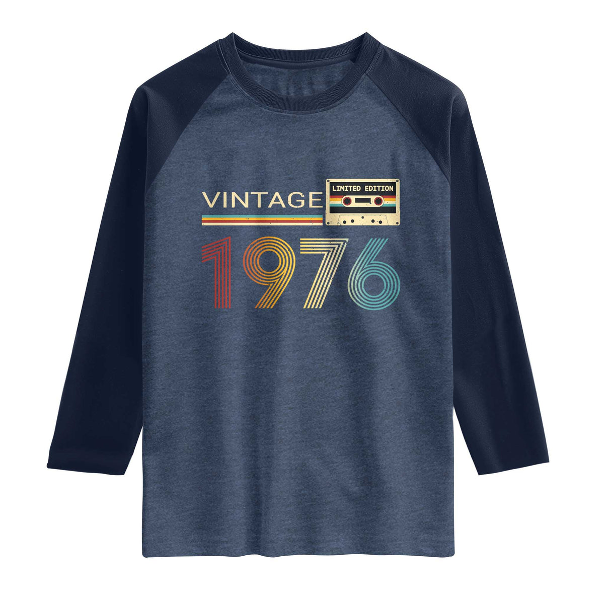 Vintage 1976 Retro Cassette Tape Graphic Raglan Shirt Awesome Since 1976 Birthday Gift TS02 Heather Denim Navy Print Your Wear