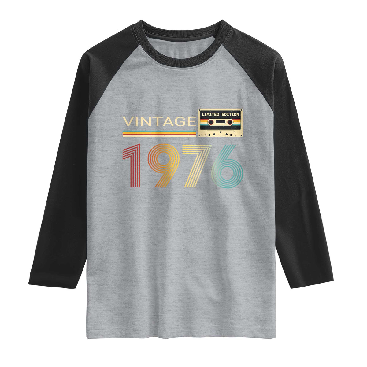Vintage 1976 Retro Cassette Tape Graphic Raglan Shirt Awesome Since 1976 Birthday Gift TS02 Heather Gray Black Print Your Wear