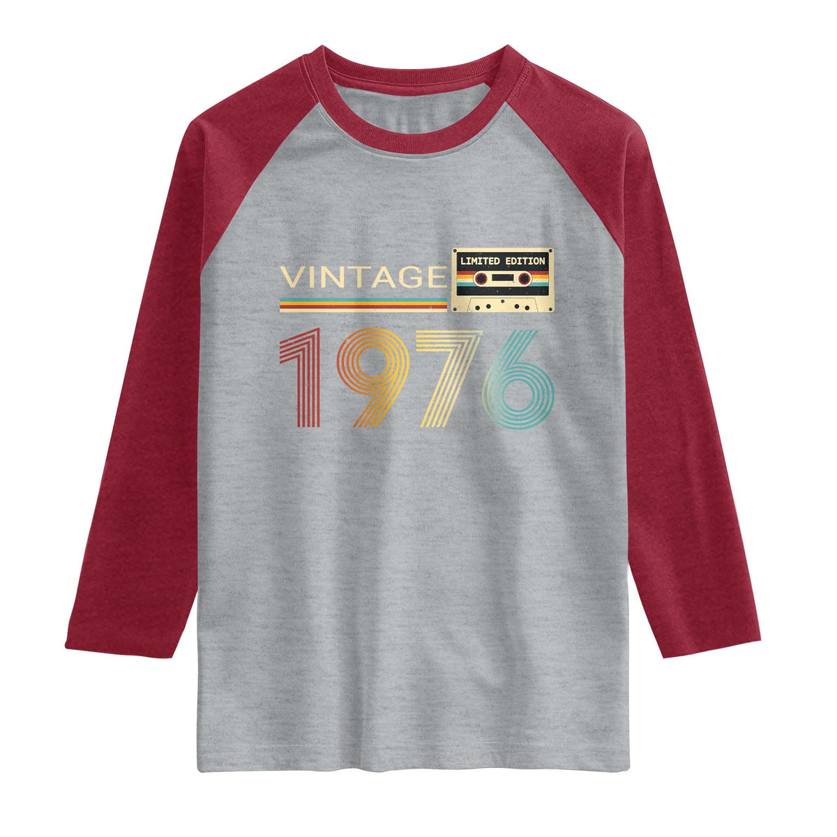 Vintage 1976 Retro Cassette Tape Graphic Raglan Shirt Awesome Since 1976 Birthday Gift TS02 Heather Gray Heather Red Print Your Wear