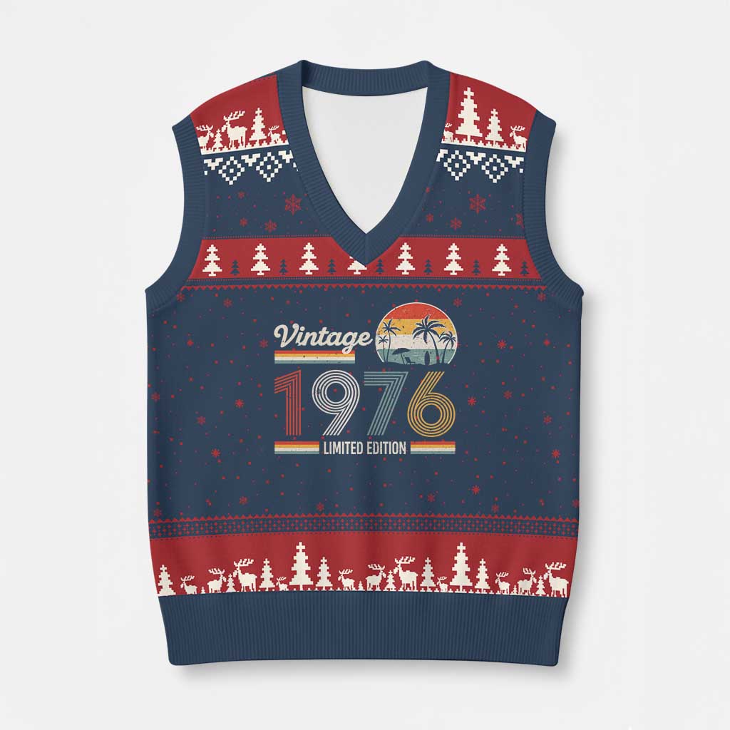 Vintage 1976 Limited Edition V-Neck Knit Sweater Vest Retro Sunset 50th Birthday Graphic TS02 Navy Red Print Your Wear