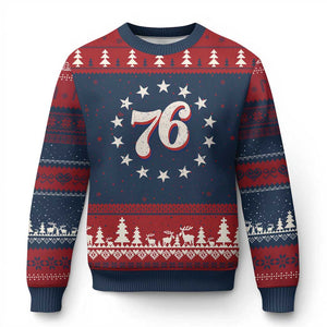 Patriotic Retro 76 American Flag Stars Circle Ugly Christmas Sweater 1976 Milestone Birthday Graphic TS02 Navy Red Print Your Wear