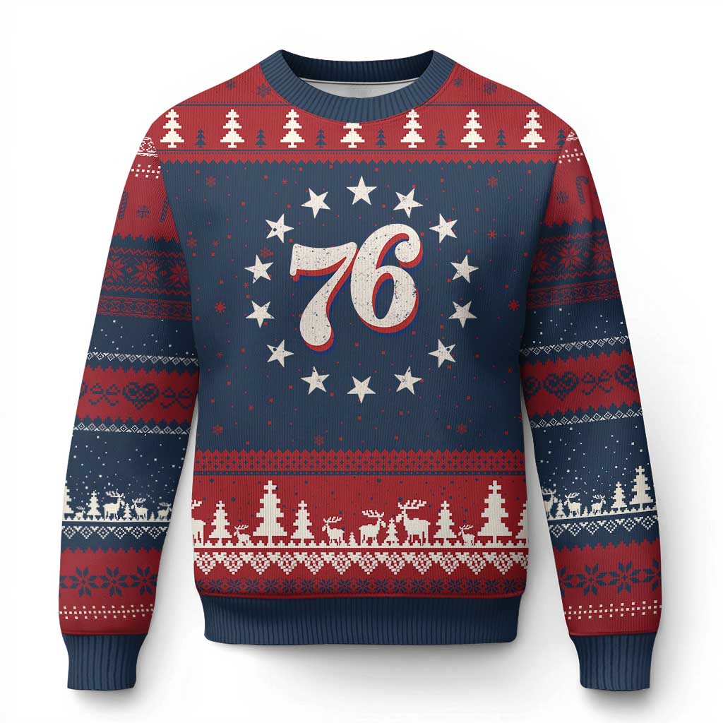 Patriotic Retro 76 American Flag Stars Circle Ugly Christmas Sweater 1976 Milestone Birthday Graphic TS02 Navy Red Print Your Wear