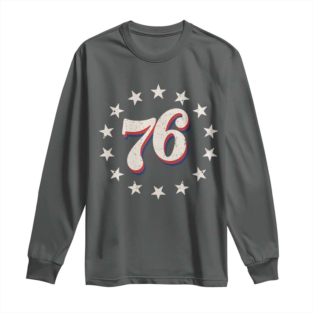 Patriotic Retro 76 American Flag Stars Circle Long Sleeve Shirt 1976 Milestone Birthday Graphic TS02 Dark Heather Print Your Wear