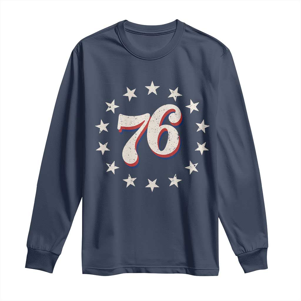 Patriotic Retro 76 American Flag Stars Circle Long Sleeve Shirt 1976 Milestone Birthday Graphic TS02 Navy Print Your Wear