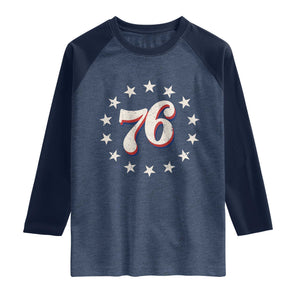 Patriotic Retro 76 American Flag Stars Circle Raglan Shirt 1976 Milestone Birthday Graphic