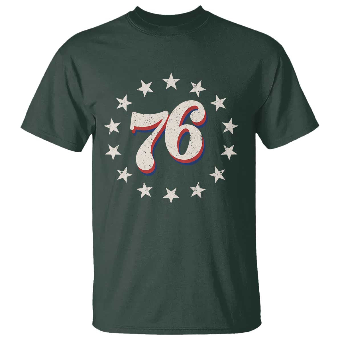 Patriotic Retro 76 American Flag Stars Circle T Shirt 1976 Milestone Birthday Graphic TS02 Dark Forest Green Print Your Wear