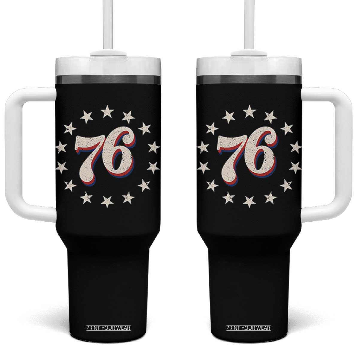 Patriotic Retro 76 American Flag Stars Circle Tumbler With Handle 1976 Milestone Birthday Graphic TS02 One Size: 40 oz Black Print Your Wear