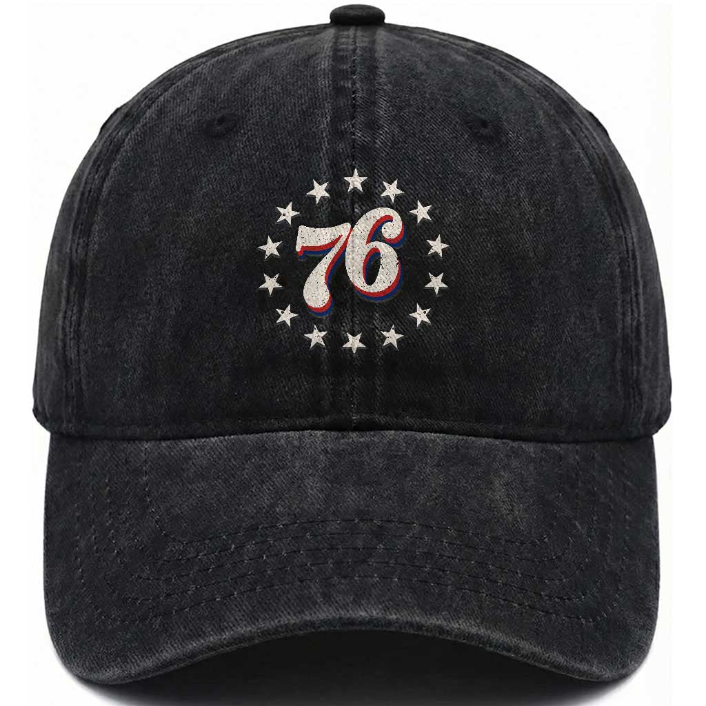 Patriotic Retro 76 American Flag Stars Circle Washed Cotton Baseball Cap 1976 Milestone Birthday Graphic TS02 Print Your Wear