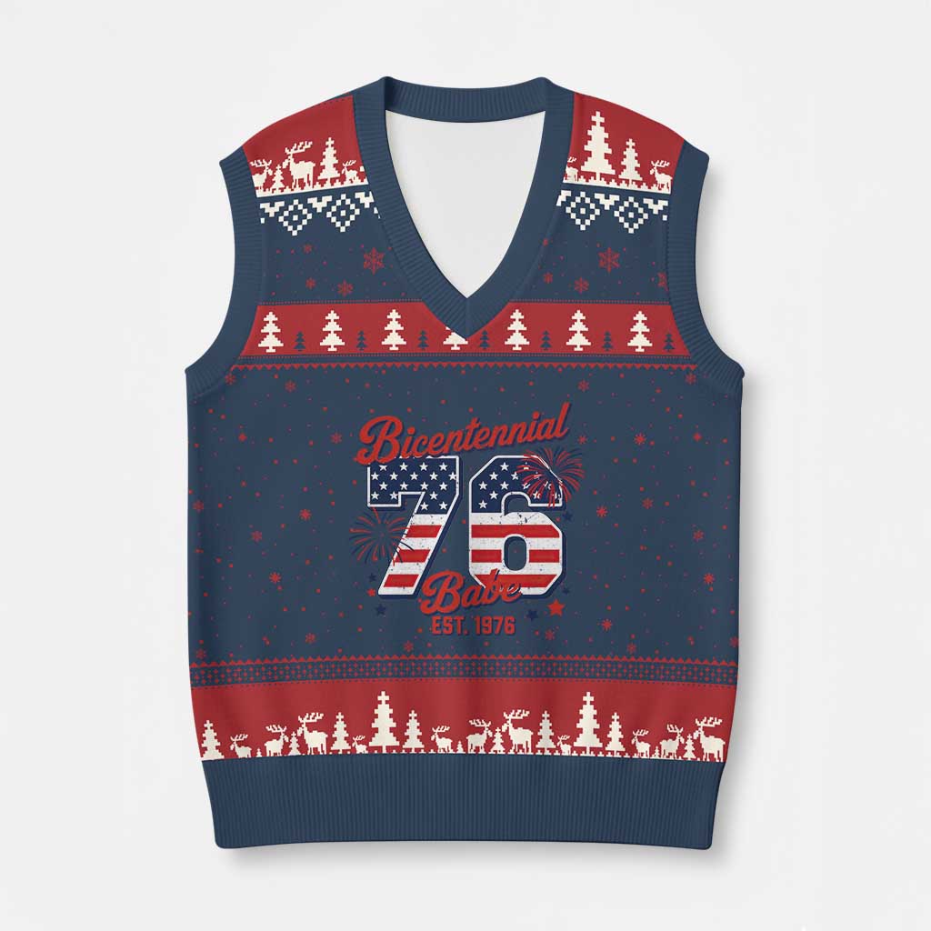 Retro Bicentennial Babe Est 1976 V-Neck Knit Sweater Vest 4th of July 50th Birthday Gift TS02 Navy Red Print Your Wear