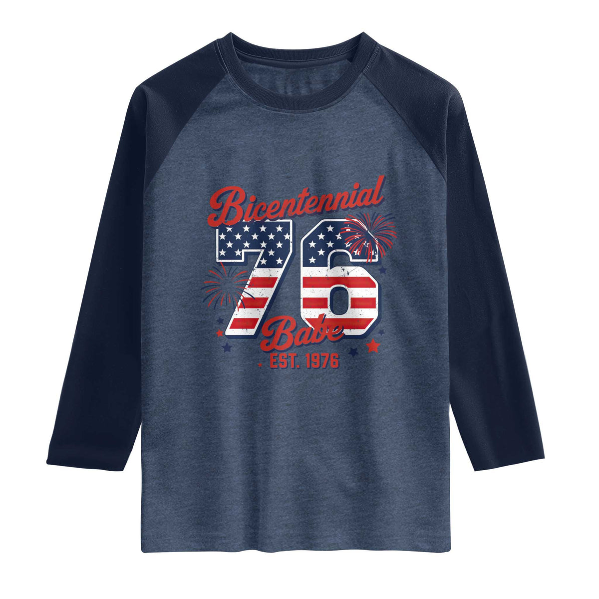 Retro Bicentennial Babe Est 1976 Raglan Shirt 4th of July 50th Birthday Gift TS02 Heather Denim Navy Print Your Wear