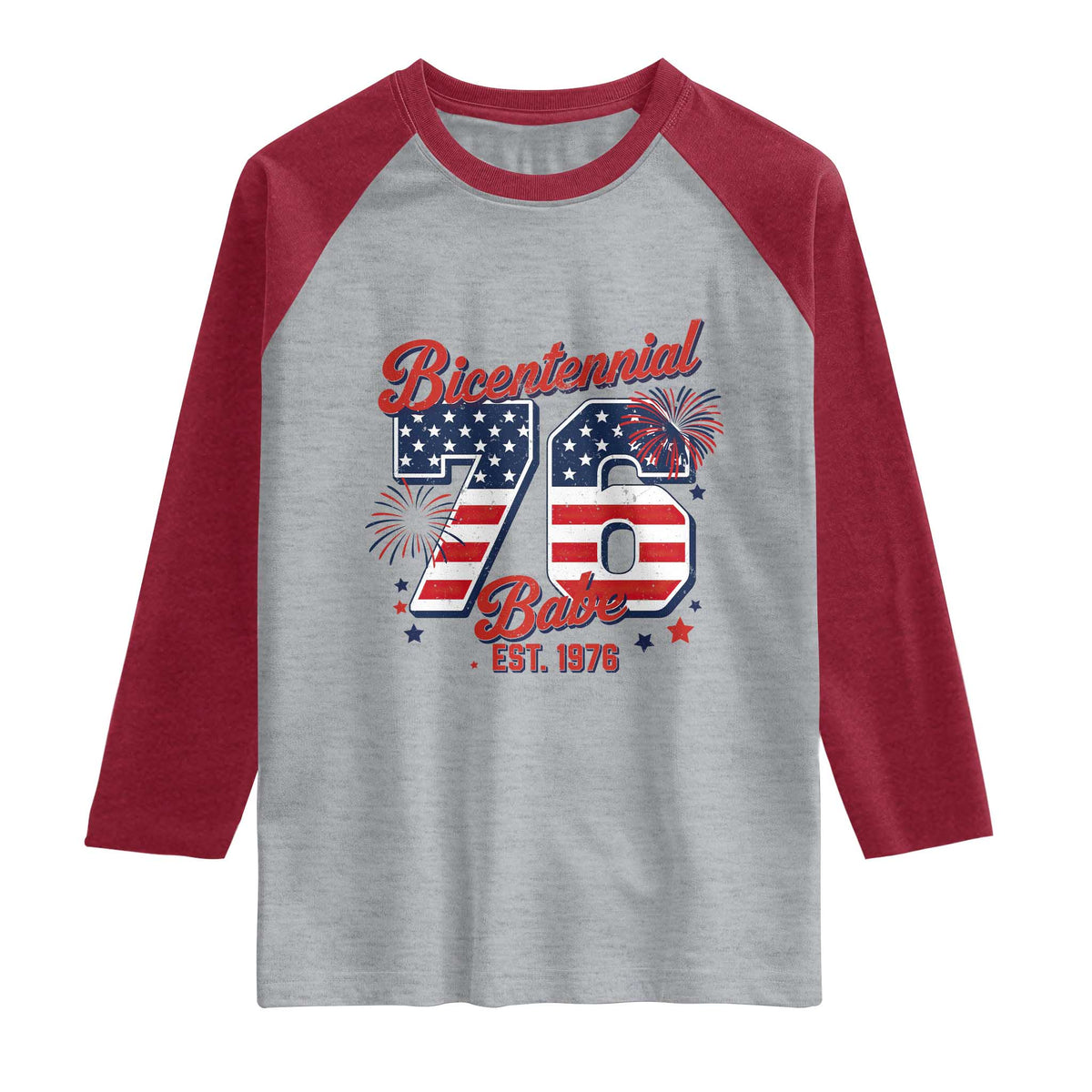 Retro Bicentennial Babe Est 1976 Raglan Shirt 4th of July 50th Birthday Gift TS02 Heather Gray Heather Red Print Your Wear