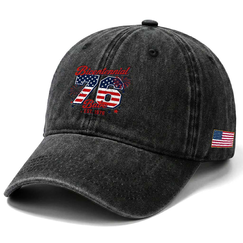 Retro Bicentennial Babe Est 1976 Washed Cotton Baseball Cap 4th of July 50th Birthday Gift TS02 Print Your Wear