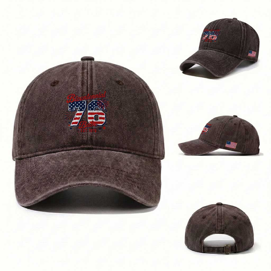 Retro Bicentennial Babe Est 1976 Washed Cotton Baseball Cap 4th of July 50th Birthday Gift TS02 Washed Cap Universal Fit Dark Brown Print Your Wear
