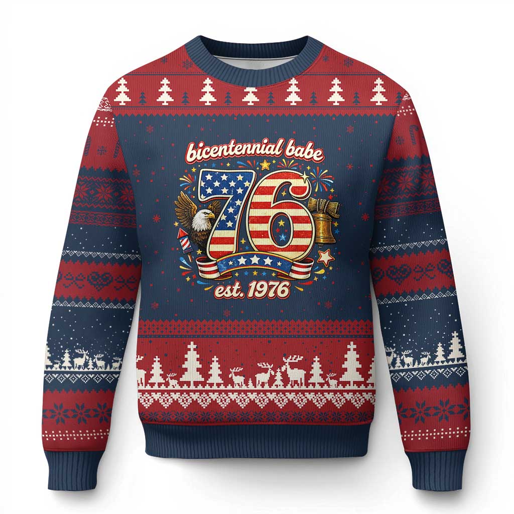 Patriotic Bicentennial Babe Est 1976 Ugly Christmas Sweater Eagle Fireworks 50th Birthday TS02 Navy Red Print Your Wear