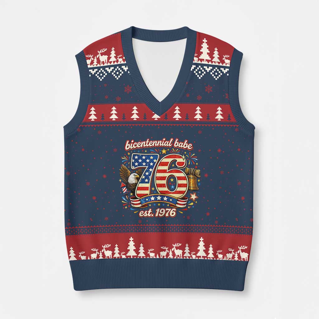 Patriotic Bicentennial Babe Est 1976 V-Neck Knit Sweater Vest Eagle Fireworks 50th Birthday TS02 Navy Red Print Your Wear