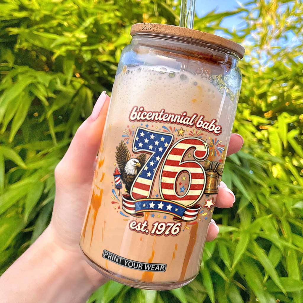 Patriotic Bicentennial Babe Est 1976 Glass Can Eagle Fireworks 50th Birthday