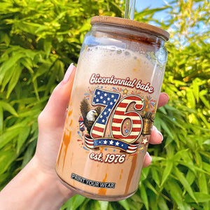 Patriotic Bicentennial Babe Est 1976 Glass Can Eagle Fireworks 50th Birthday