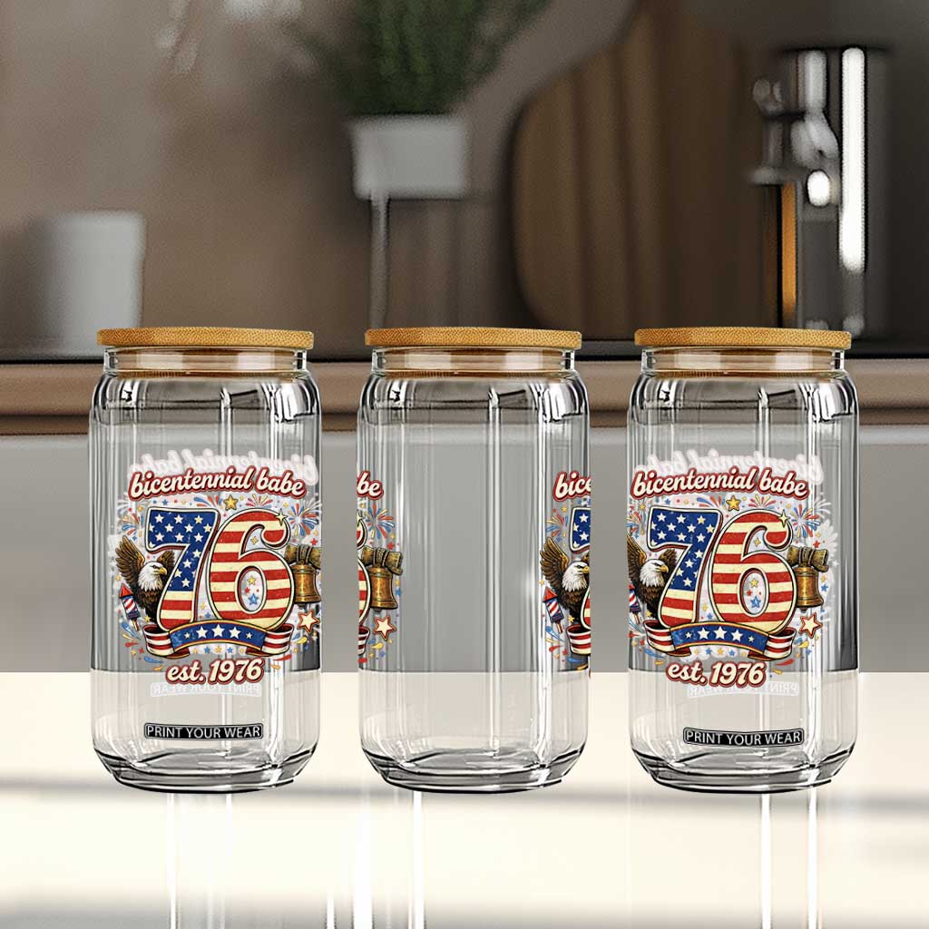 Patriotic Bicentennial Babe Est 1976 Glass Can Eagle Fireworks 50th Birthday