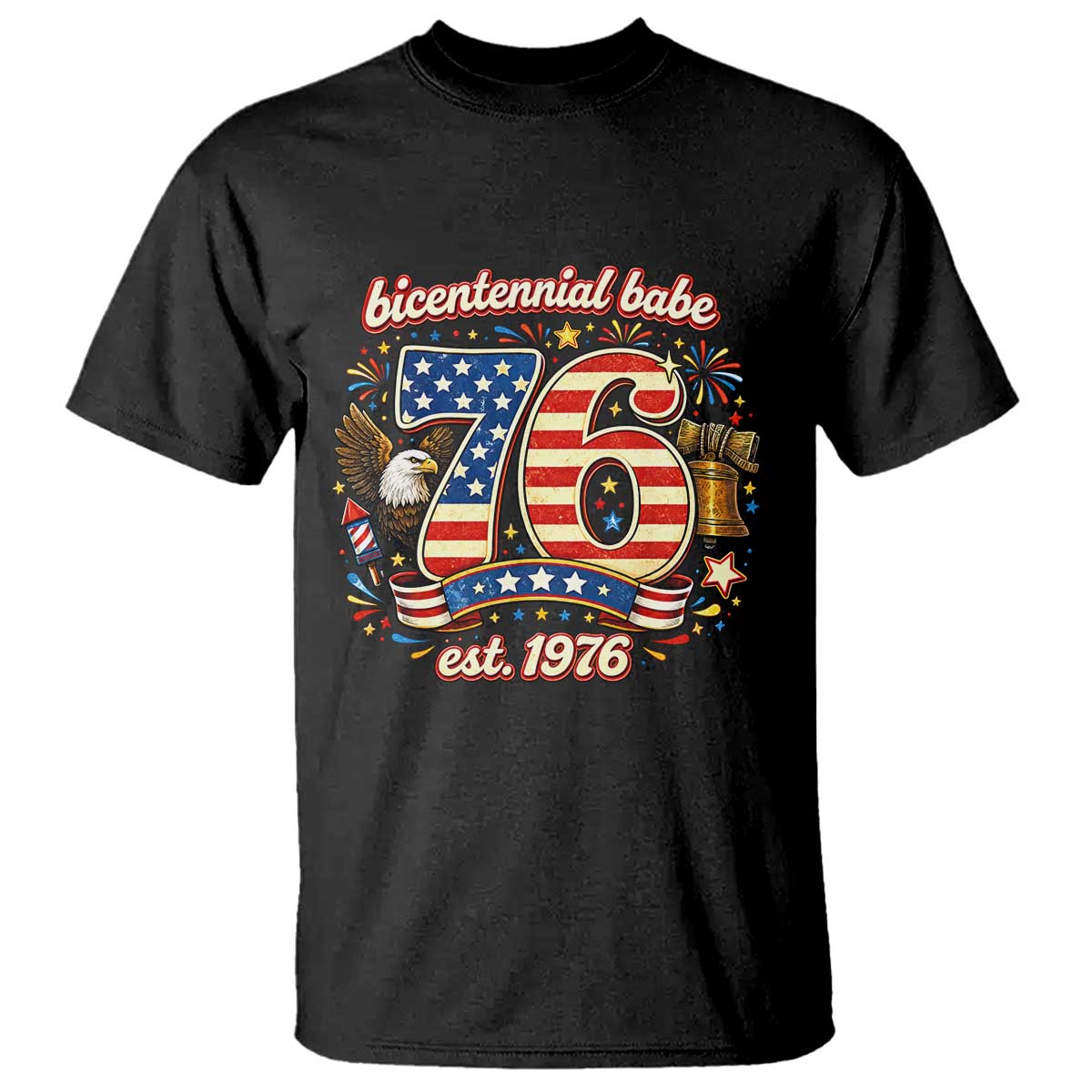 Patriotic Bicentennial Babe Est 1976 T Shirt Eagle Fireworks 50th Birthday