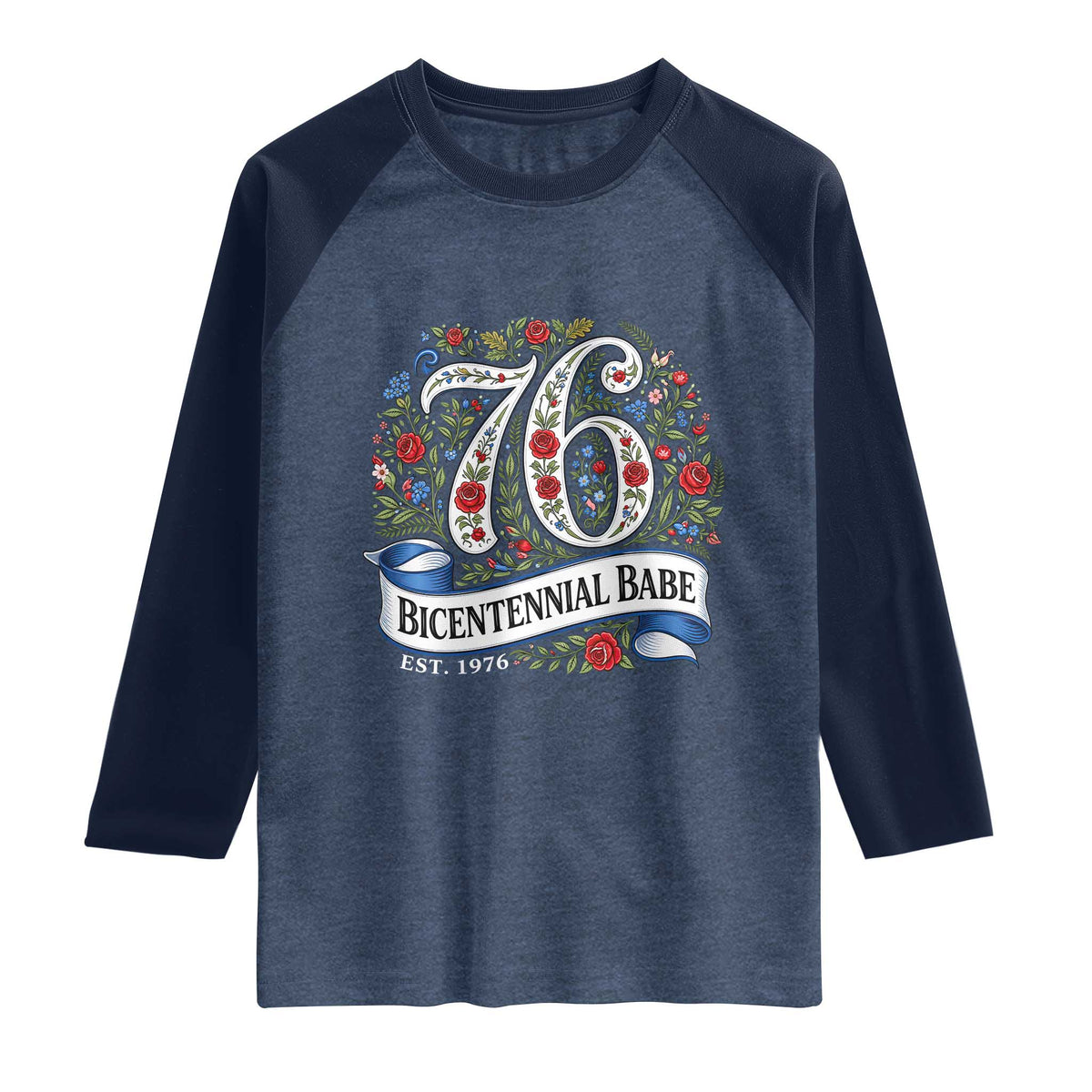 Vintage Floral Bicentennial Babe Est 1976 Raglan Shirt Elegant 50th Birthday TS02 Heather Denim Navy Print Your Wear