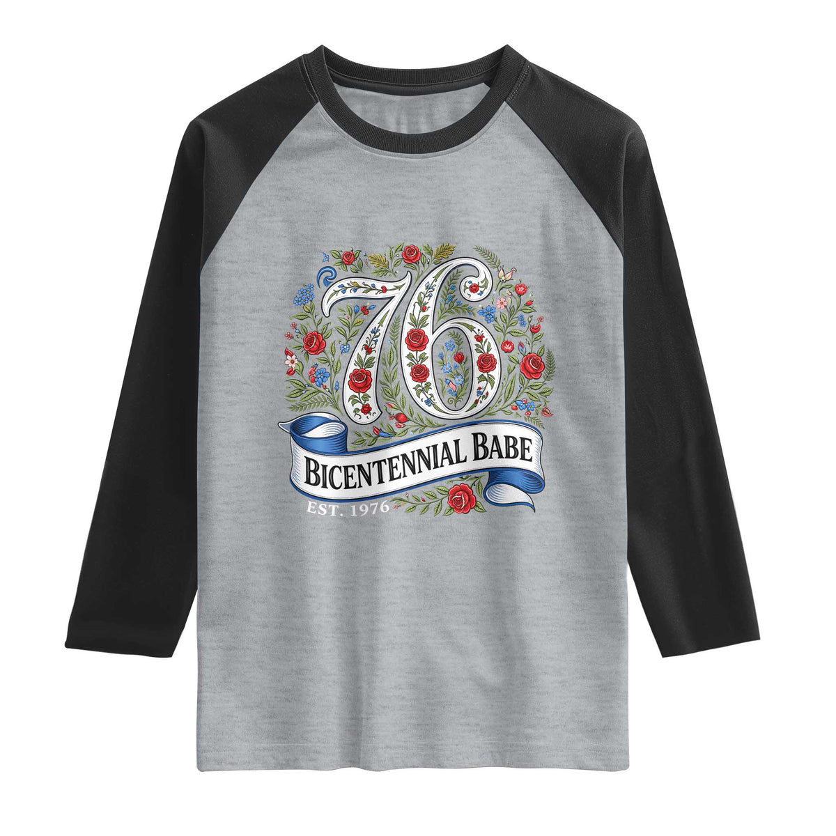 Vintage Floral Bicentennial Babe Est 1976 Raglan Shirt Elegant 50th Birthday TS02 Heather Gray Black Print Your Wear