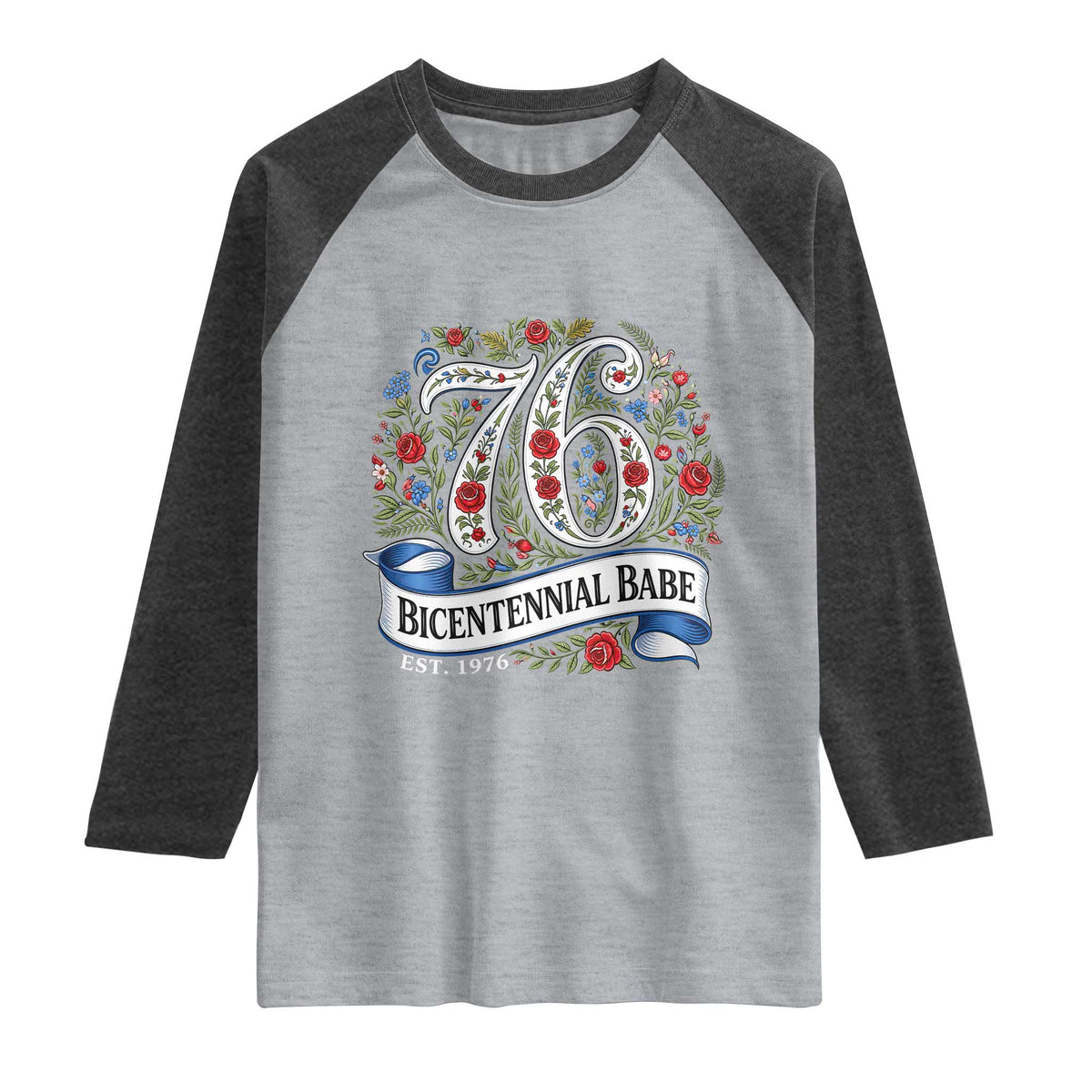 Vintage Floral Bicentennial Babe Est 1976 Raglan Shirt Elegant 50th Birthday TS02 Heather Gray Heather Charcoal Print Your Wear