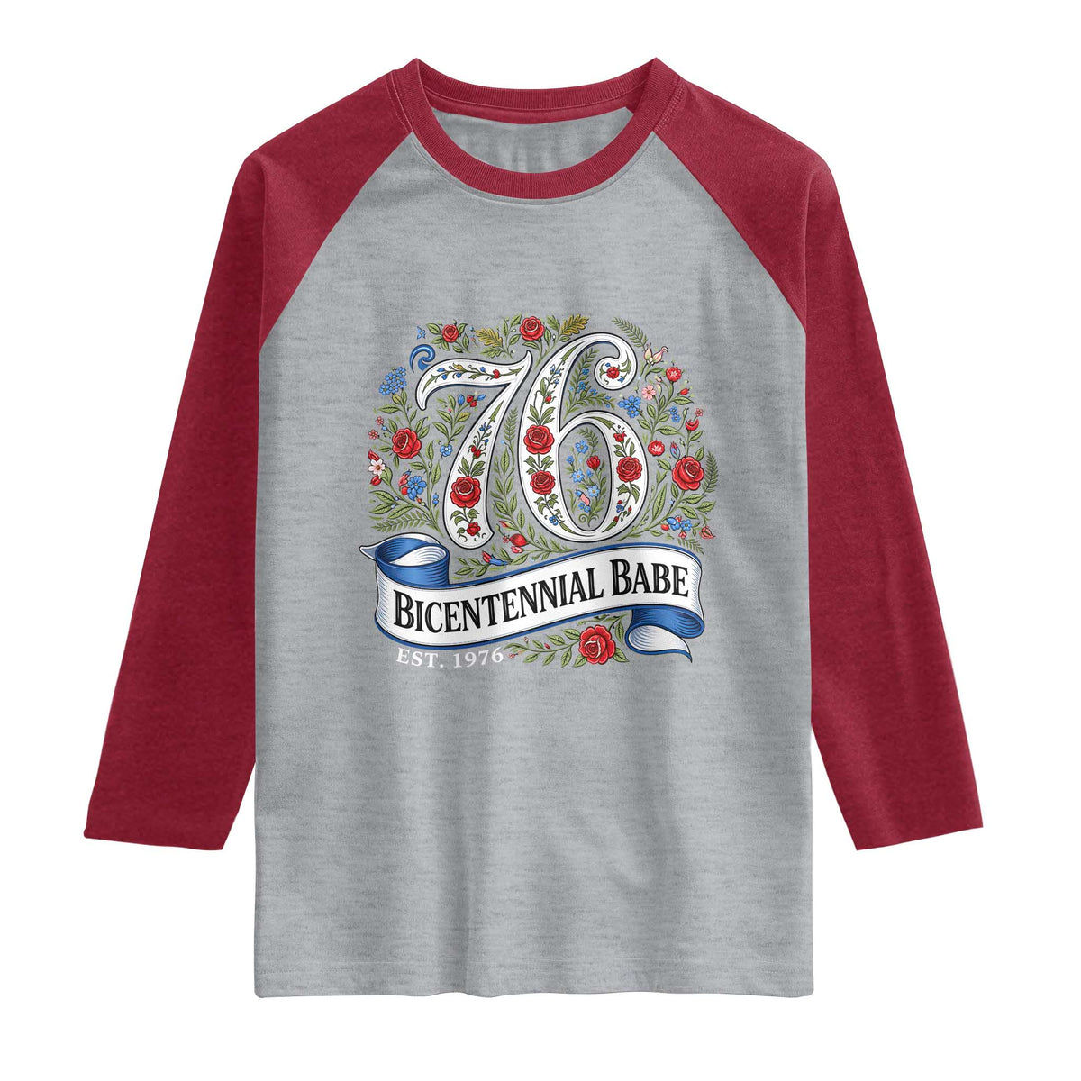Vintage Floral Bicentennial Babe Est 1976 Raglan Shirt Elegant 50th Birthday TS02 Heather Gray Heather Red Print Your Wear