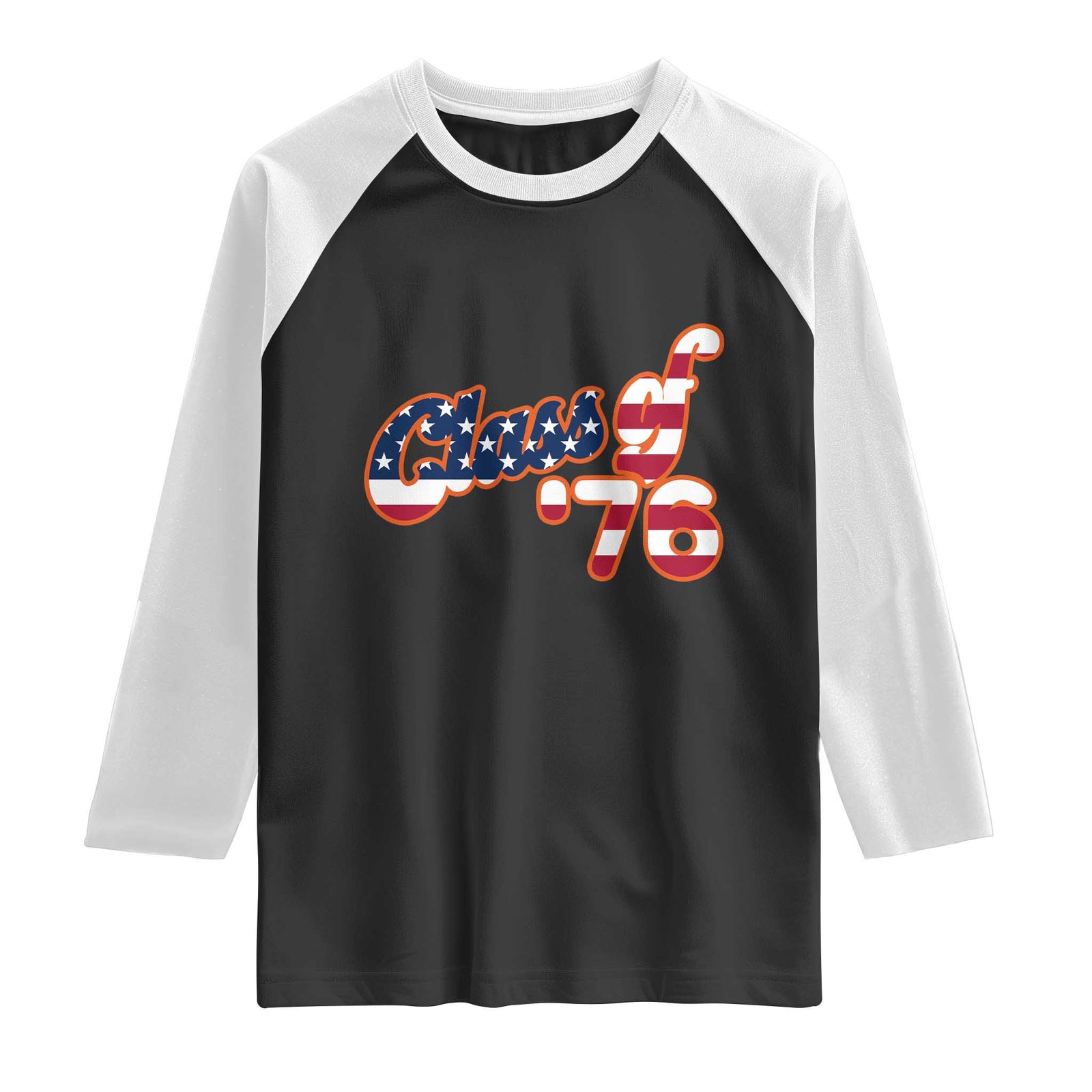 Patriotic Class of 76 Retro American Flag Script Raglan Shirt Graduation Birthday Milestone TS02 Black White Print Your Wear