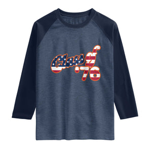 Patriotic Class of 76 Retro American Flag Script Raglan Shirt Graduation Birthday Milestone TS02 Heather Denim Navy Print Your Wear