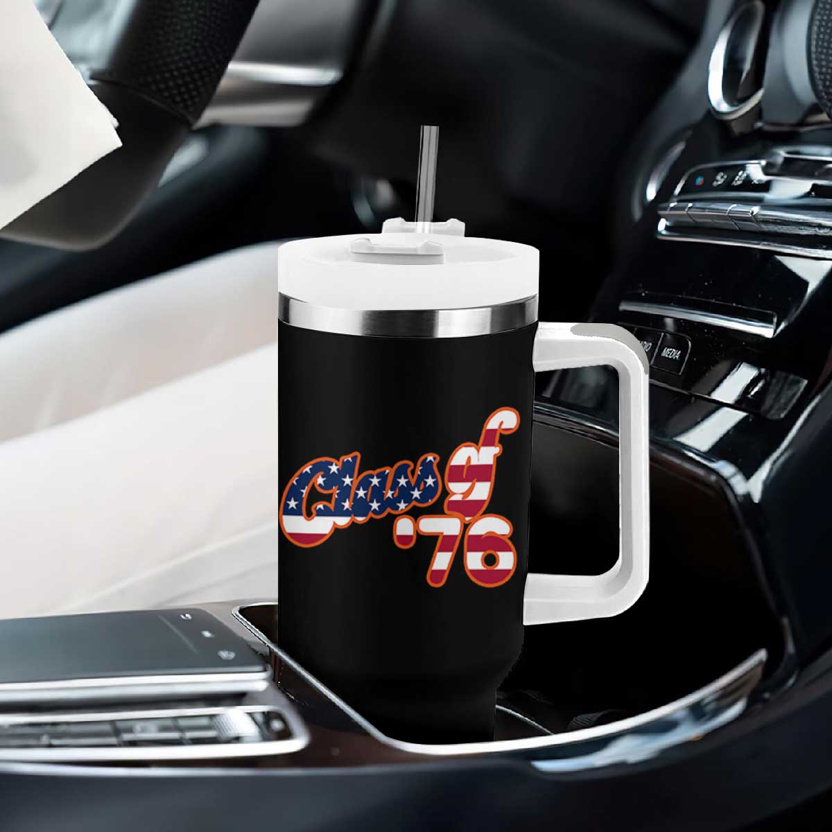 Patriotic Class of 76 Retro American Flag Script Tumbler With Handle Graduation Birthday Milestone TS02 Print Your Wear
