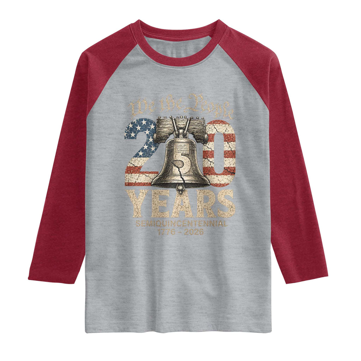 We The People 250 Years Liberty Bell Patriotic Raglan Shirt American Semi-Quincentennial TS02 Heather Gray Heather Red Print Your Wear
