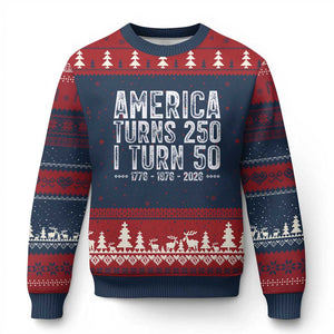 America Turns 250 I Turn 50 Ugly Christmas Sweater Funny Patriotic 1976 50th Birthday TS02 Navy Red Print Your Wear