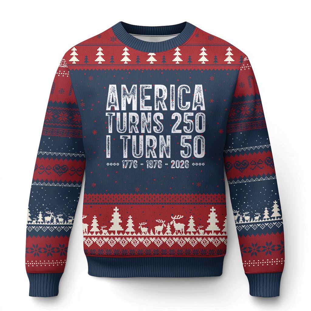 America Turns 250 I Turn 50 Ugly Christmas Sweater Funny Patriotic 1976 50th Birthday TS02 Navy Red Print Your Wear