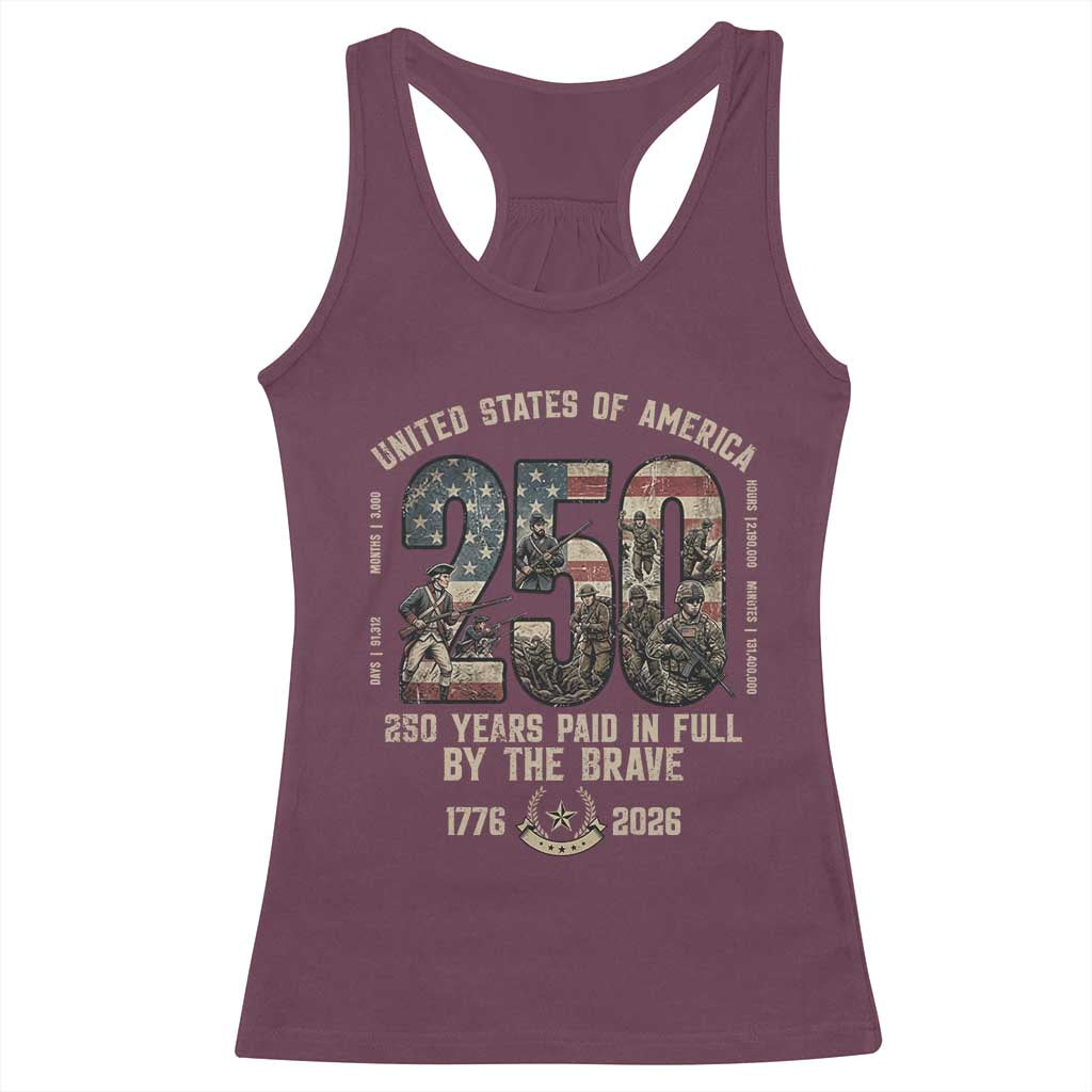 America 250 Years Paid In Full By The Brave Racerback Tank Top Patriotic Military Remembrance USA Semiquincentennial TS02 Maroon Print Your Wear