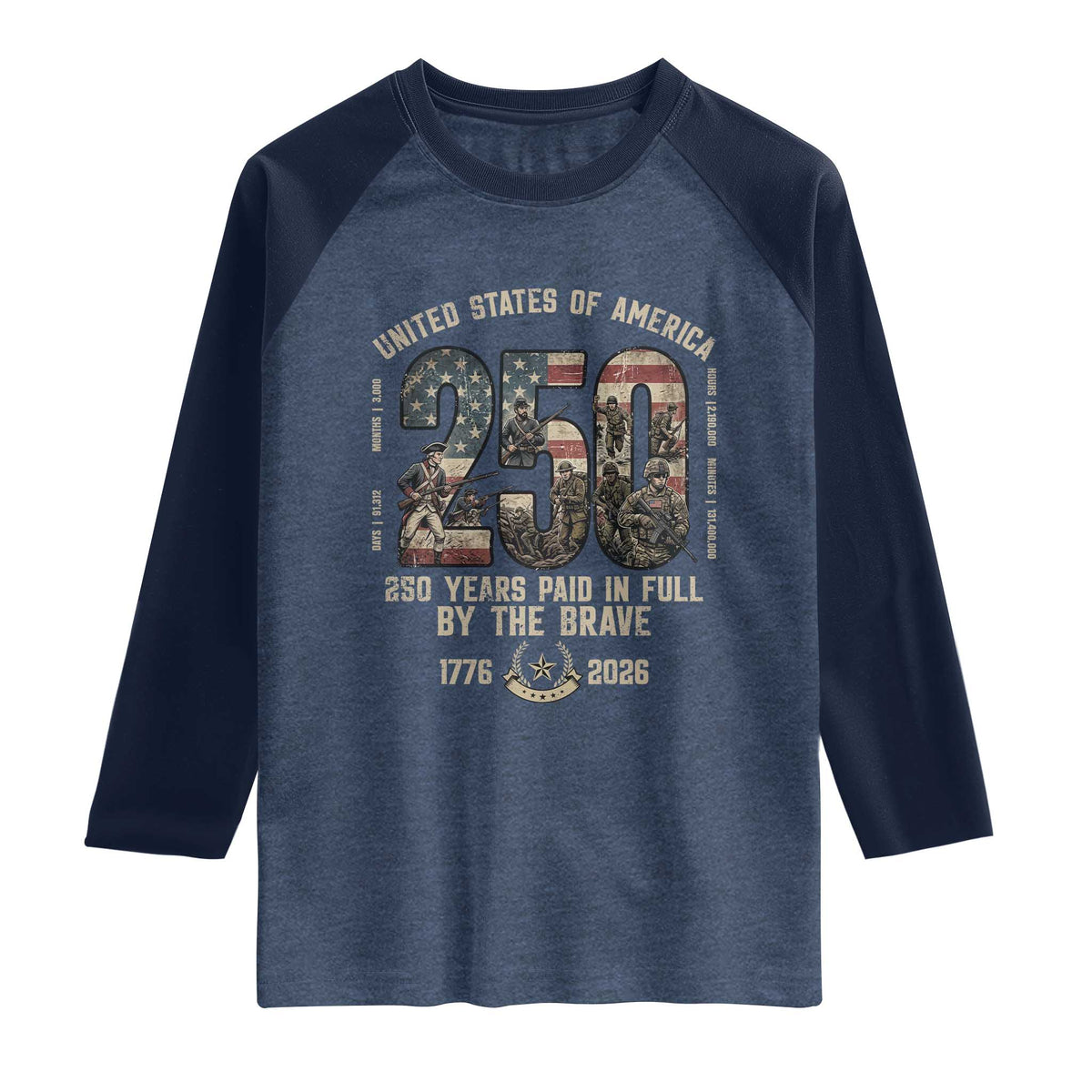 America 250 Years Paid In Full By The Brave Raglan Shirt Patriotic Military Remembrance USA Semiquincentennial TS02 Heather Denim Navy Print Your Wear