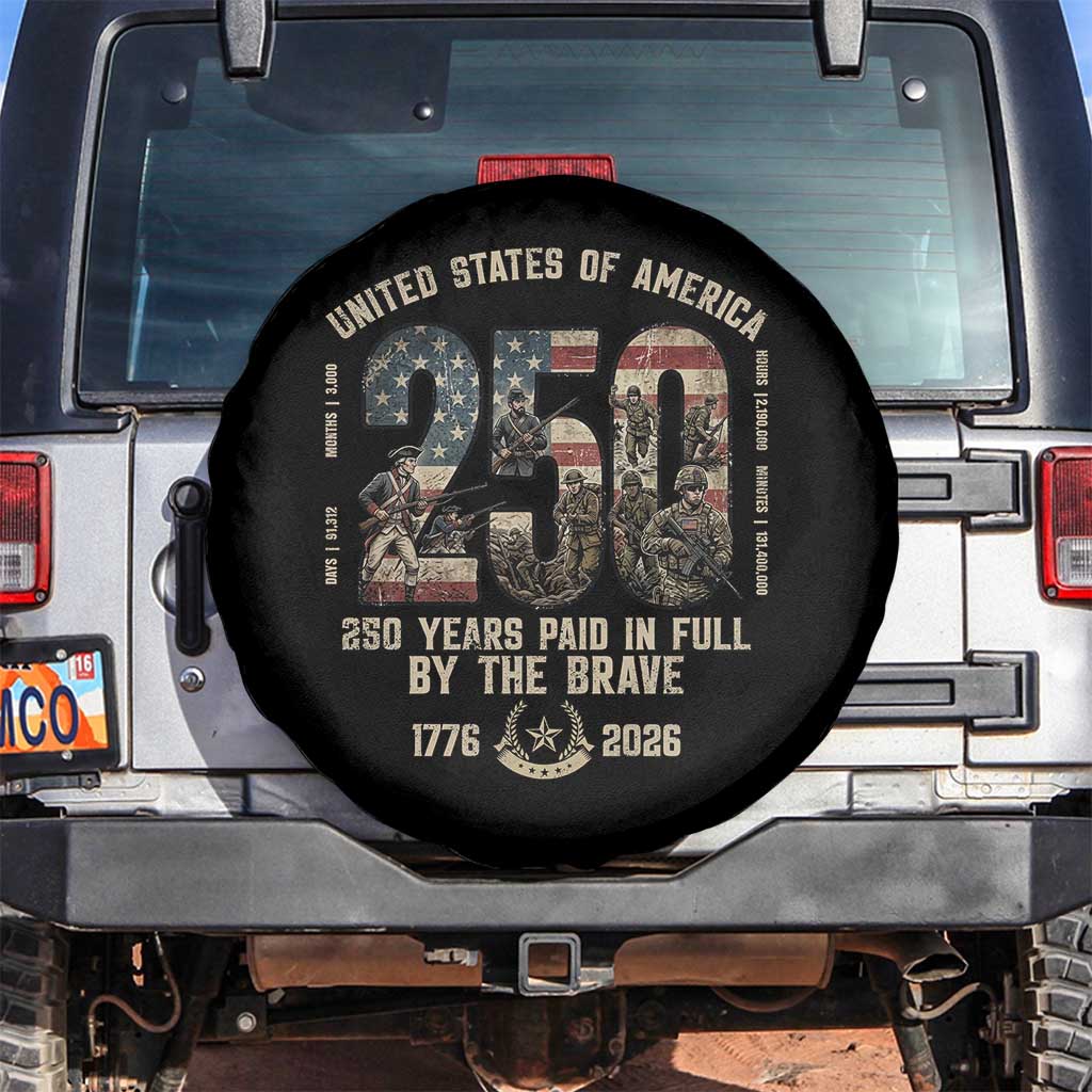 America 250 Years Paid In Full By The Brave Spare Tire Cover Patriotic Military Remembrance USA Semiquincentennial TS02 No hole Black Print Your Wear