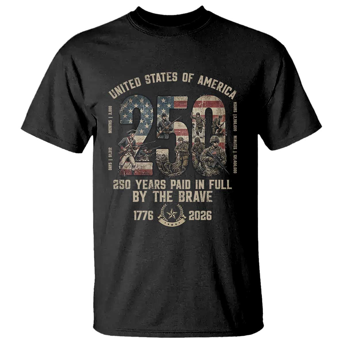America 250 Years Paid In Full By The Brave T Shirt Patriotic Military Remembrance USA Semiquincentennial TS02 Black Print Your Wear