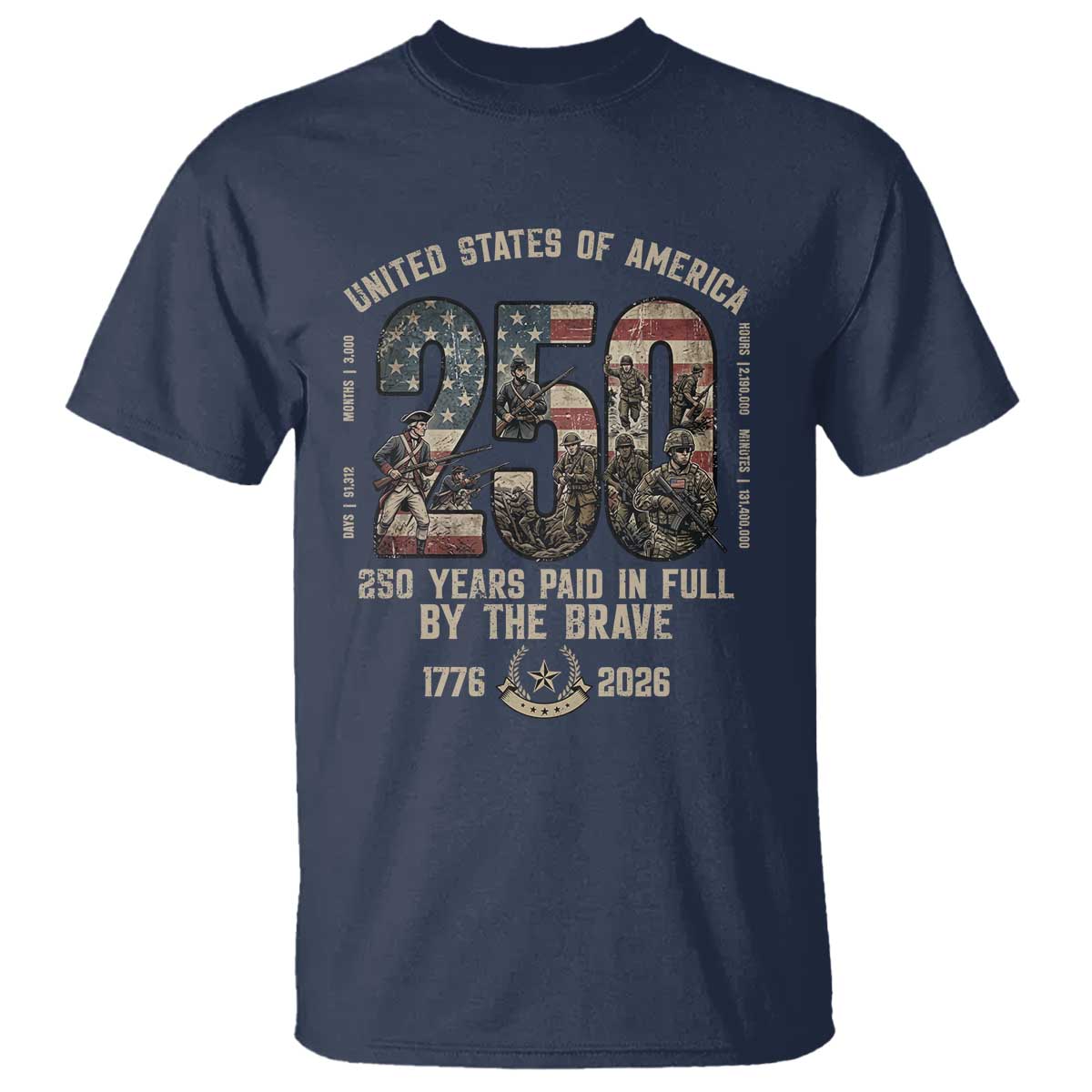 America 250 Years Paid In Full By The Brave T Shirt Patriotic Military Remembrance USA Semiquincentennial TS02 Navy Print Your Wear
