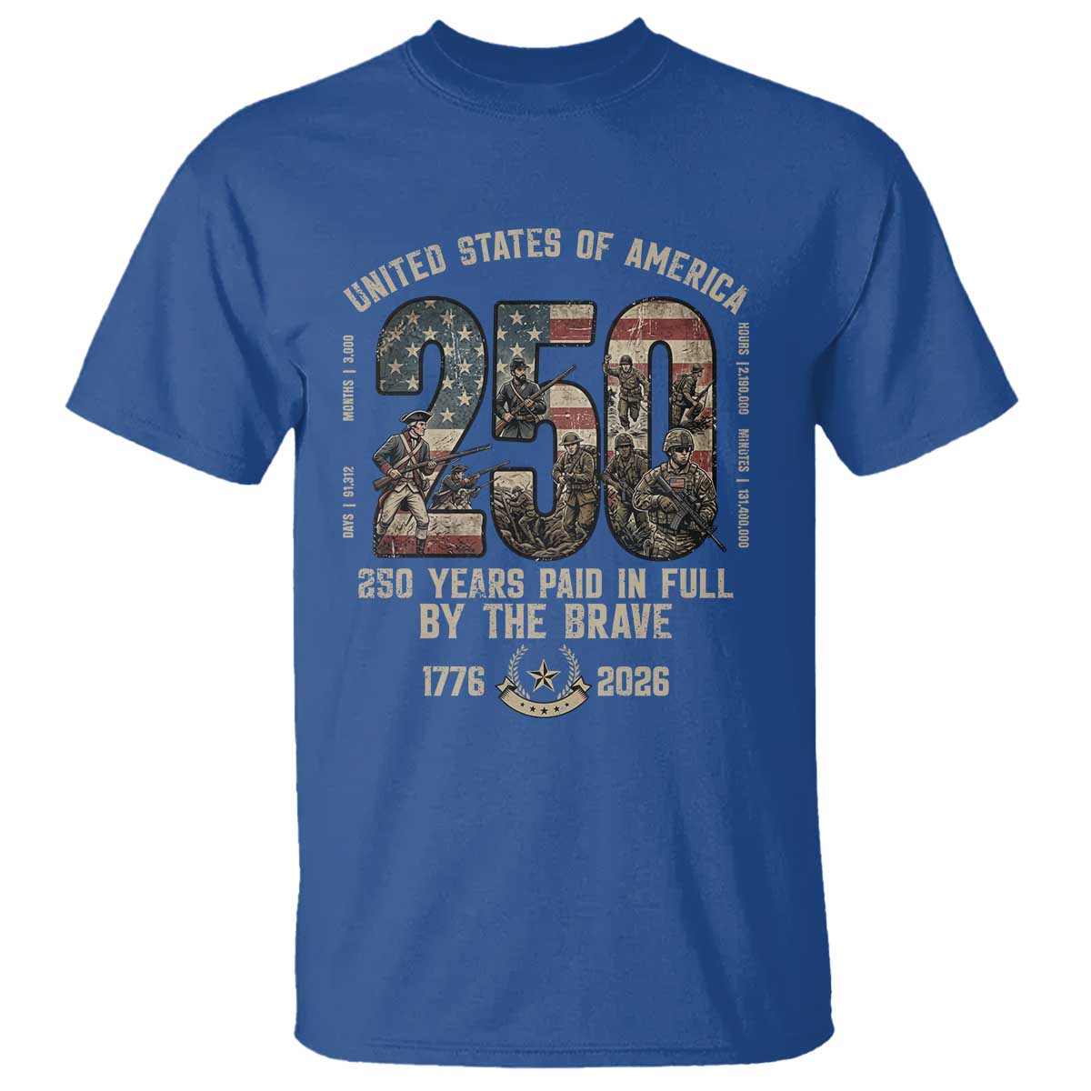 America 250 Years Paid In Full By The Brave T Shirt Patriotic Military Remembrance USA Semiquincentennial TS02 Royal Blue Print Your Wear