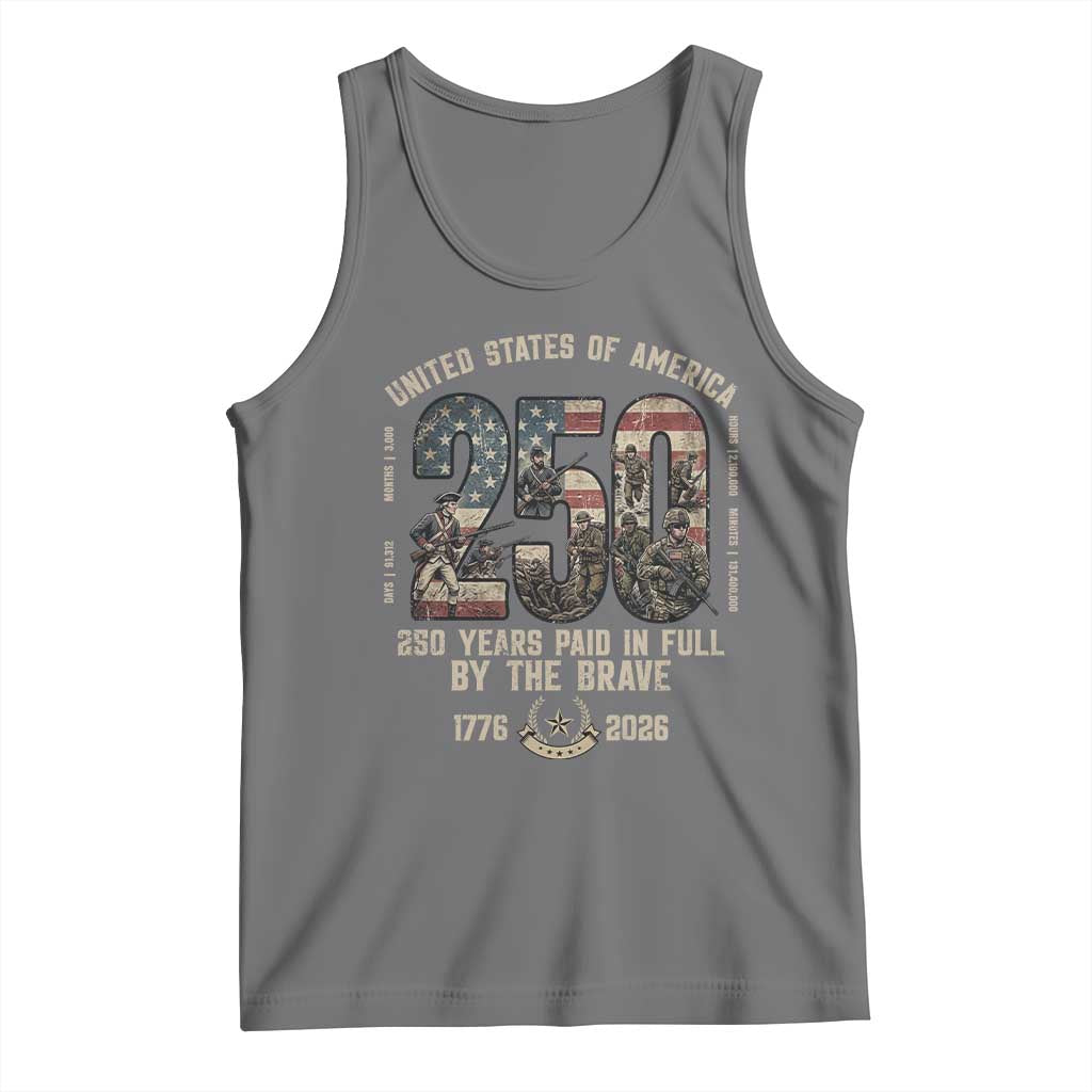 America 250 Years Paid In Full By The Brave Tank Top Patriotic Military Remembrance USA Semiquincentennial TS02 Black Heather Print Your Wear