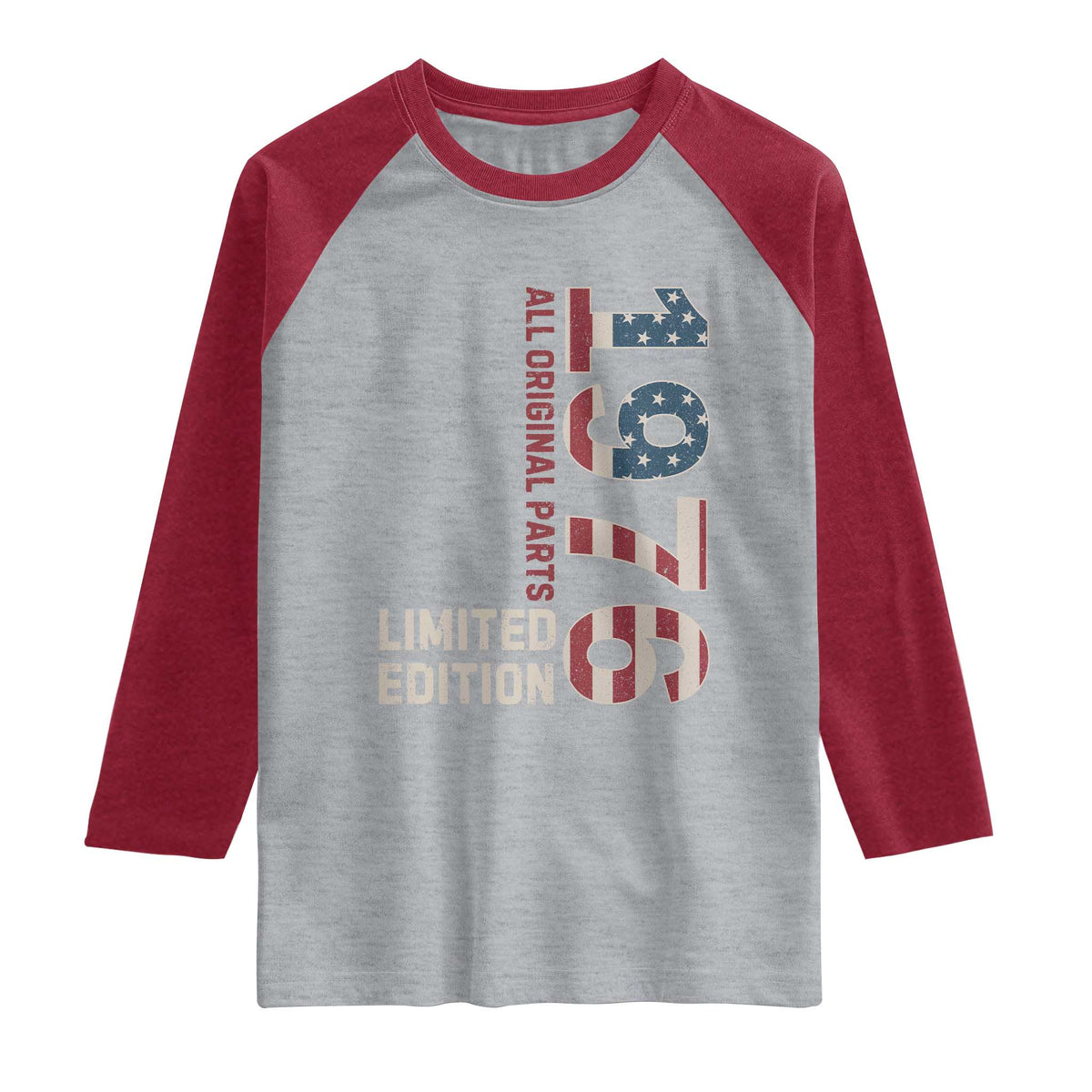 Vintage 1976 All Original Parts Raglan Shirt Patriotic US Flag 50th Birthday Gift TS02 Heather Gray Heather Red Print Your Wear