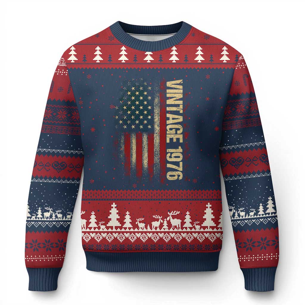 Vintage 1976 Distressed American Flag Ugly Christmas Sweater Patriotic 50th Birthday Graphic TS02 Navy Red Print Your Wear